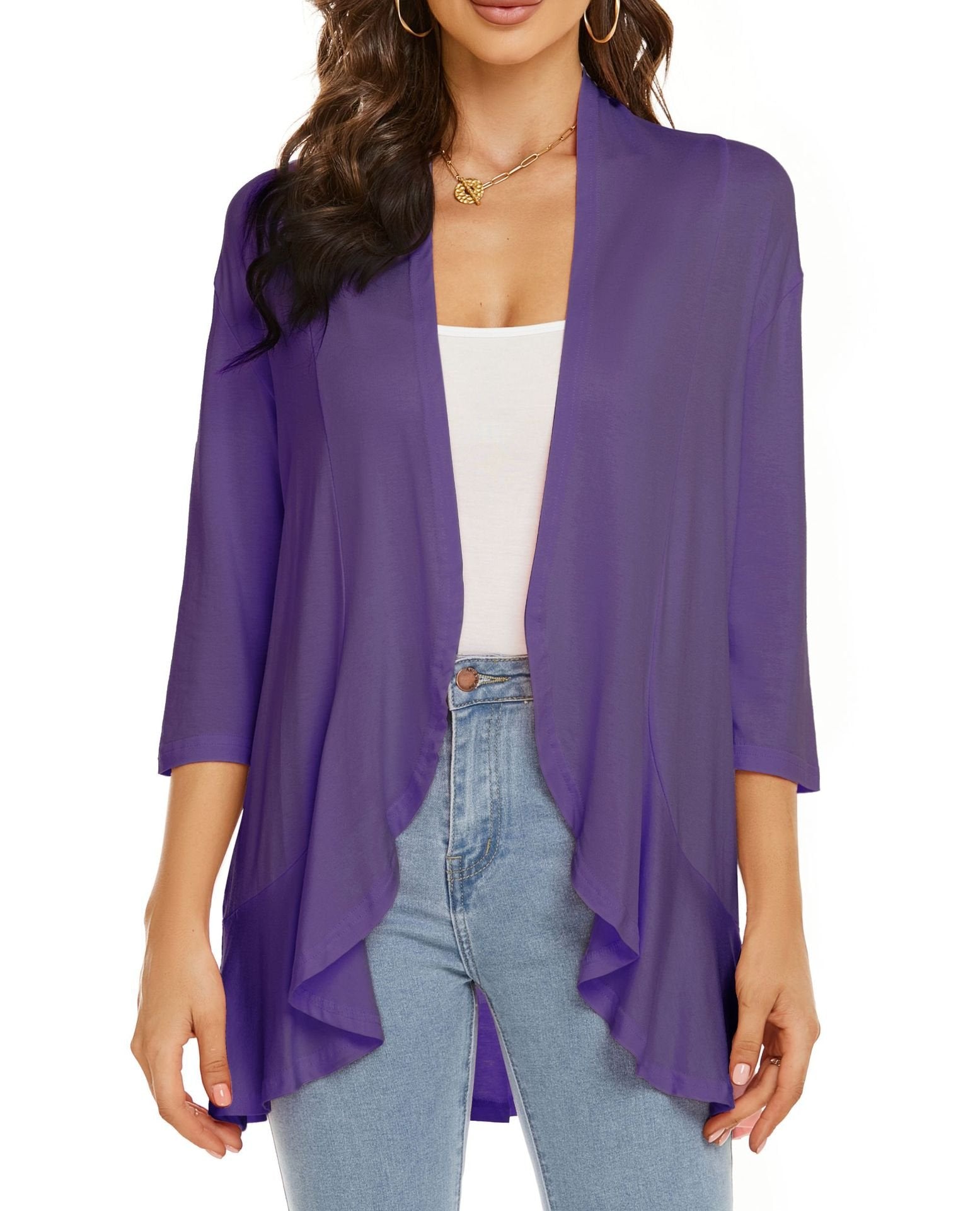 Lightweight Open Front Cardigan – Soft Rayon Blend, 3/4 Sleeve