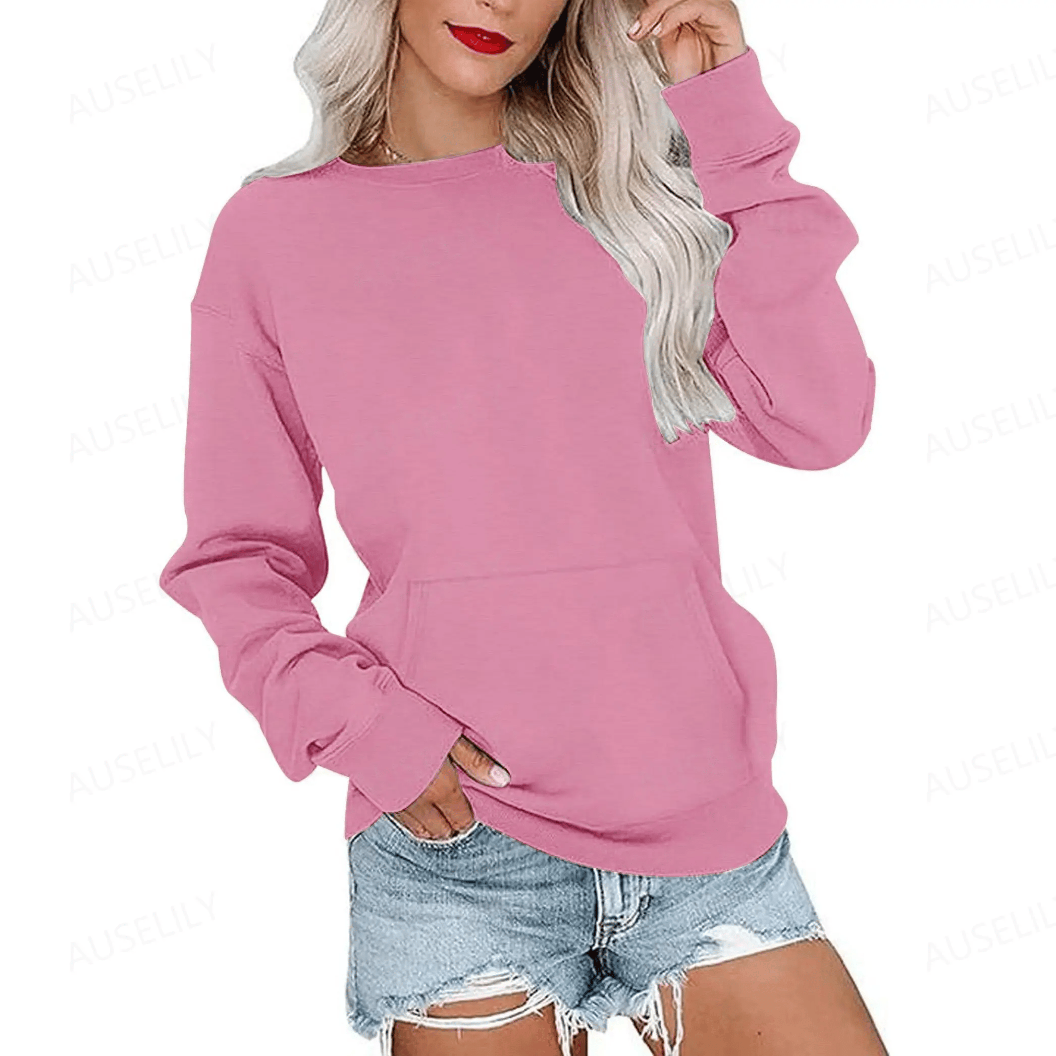Hoodless Crewneck Sweatshirt – Kangaroo Pocket, Relaxed Fit, Lightweight Fleece