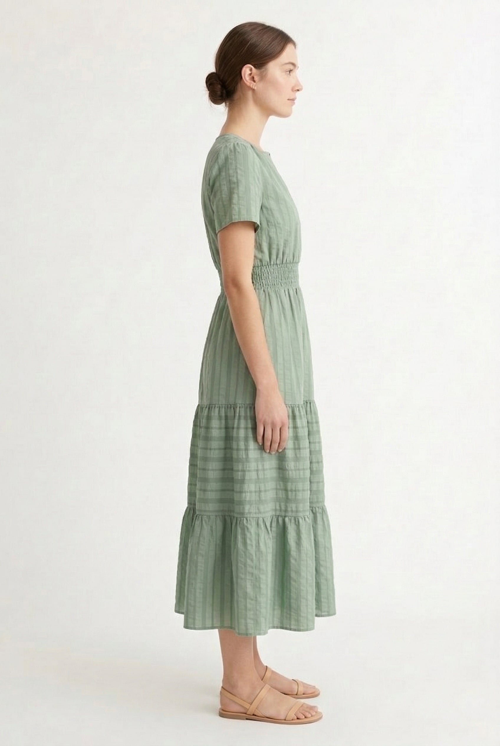Smocked Waist Long Dress –  V-Neck, Puff Sleeves & Pockets